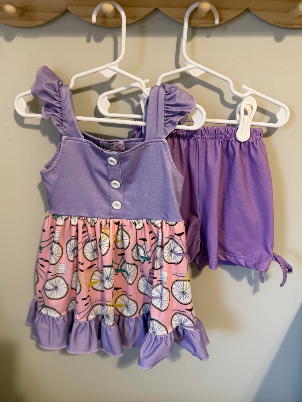 Pete Lucy Girls 12-18M 2pc Purple Pink Bicycle Dress & Shorts Ruffle Set